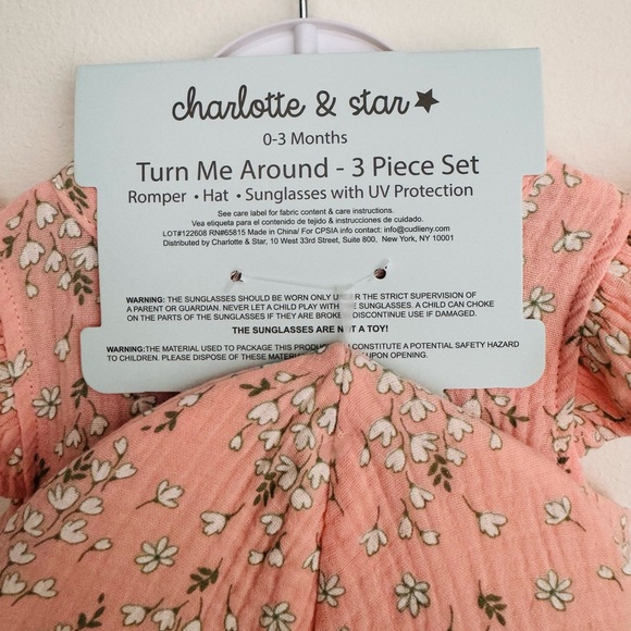 Charlotte & Star Floral Romper, Hat, & Heart Sunglasses Set Size 0-3 Months NWT - Picture 10 of 14